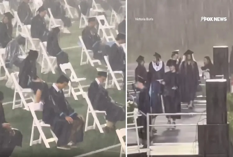 美高中暴雨中办毕典引热议 学生全身湿透淡定领证