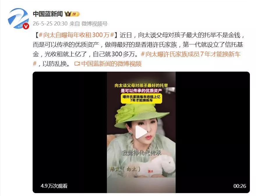 向太曝许氏家族每年收租上亿,自己就300多万